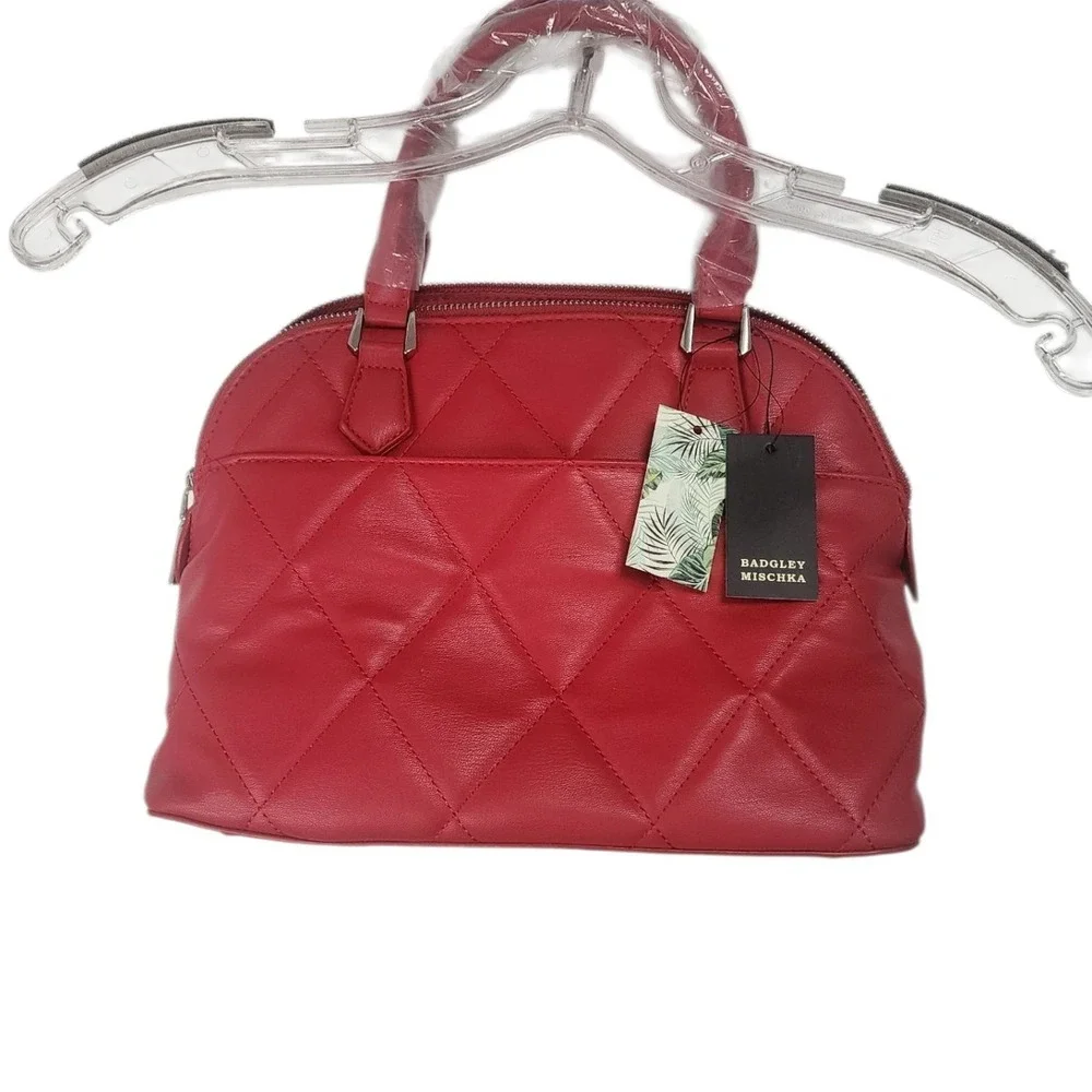 Badgley Mischka Red Quilted Satchel with Silver Hardware - Picture 11 of 11